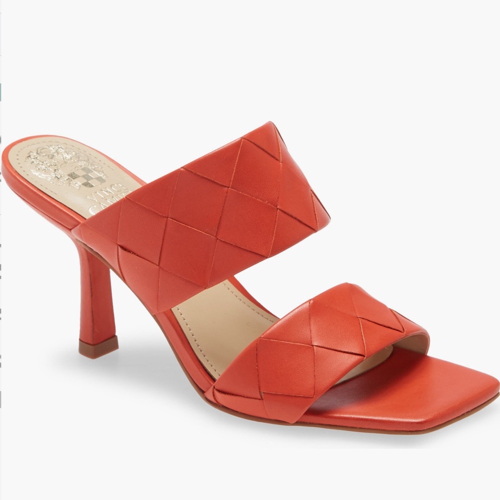 Vince Camuto statement bold orange heeled slides